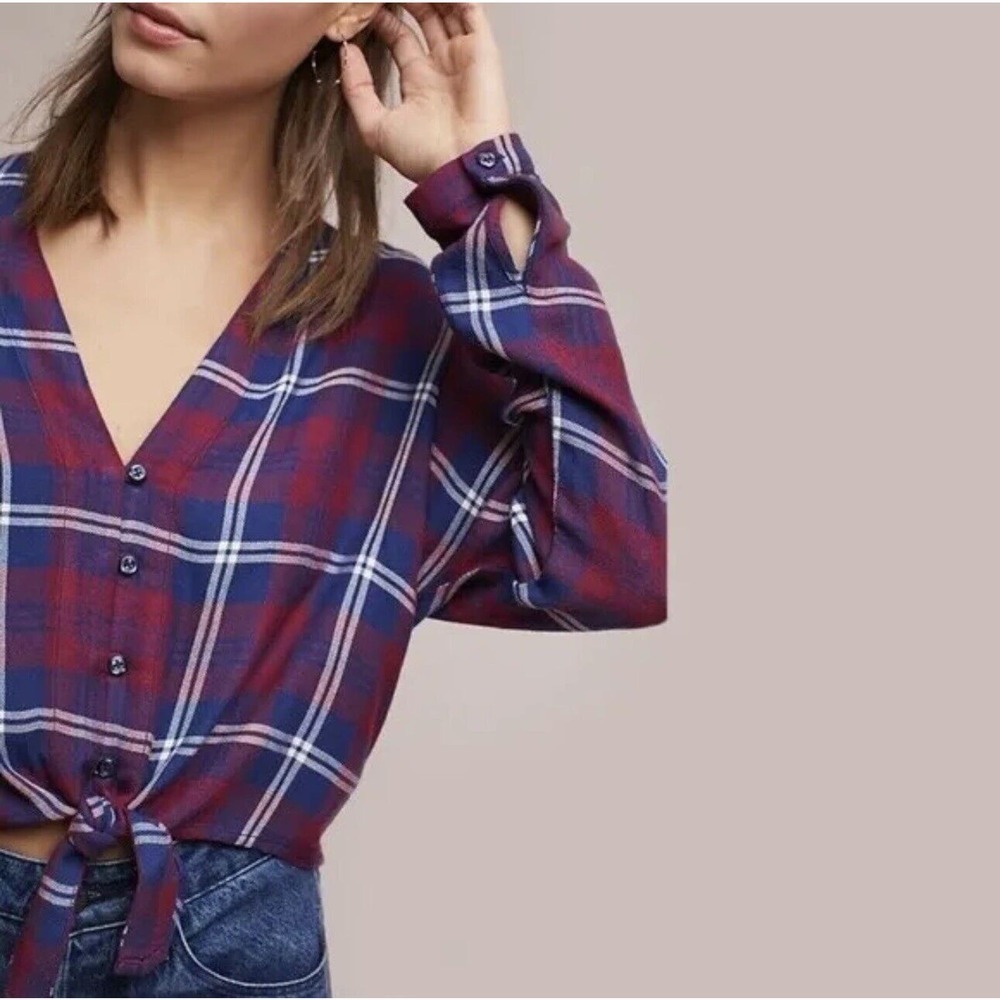 Anthropologie Rails Womens Sloane Crop Tie Front Red Blue Plaid Flannel Top Sz S